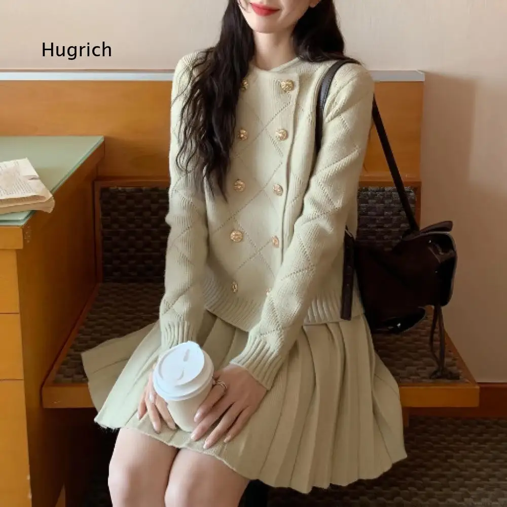 Women Solid Knitted Two Piece Outfit Diamond Textured Cardigan And Elastic Waist Pleated Skirt For Casual Daily Occasions