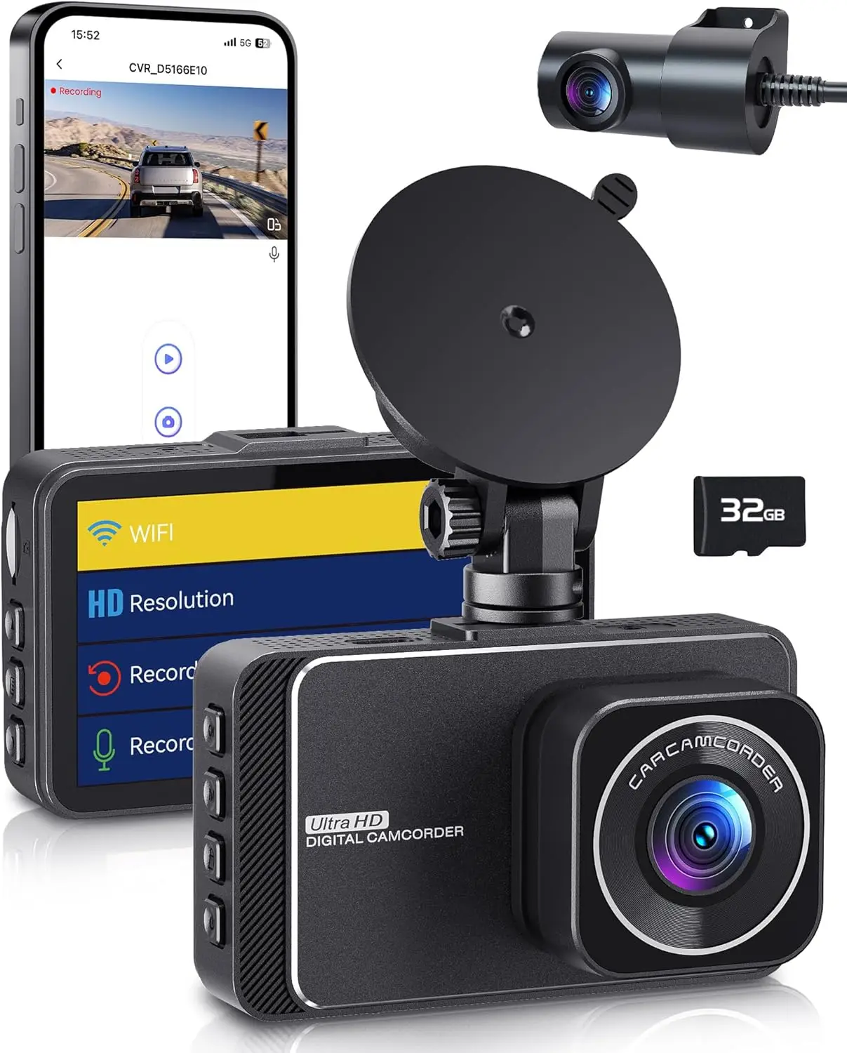 Dash Cam, Dashcam Front and Rear Cameras, 4K+2.5K Full HD Dash Camera for Cars, Included 32GB Card, 170°+160° Wide Angle, Night