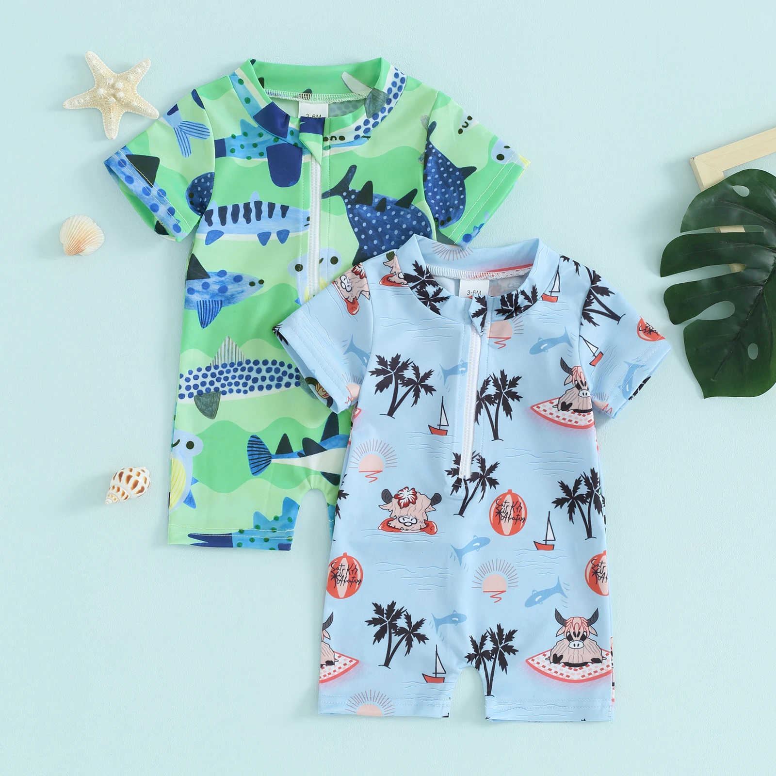 

Baby Boys Rash Guard Short Sleeve Tree Fish Print Swimsuit Jumpsuit Summer Swimwear