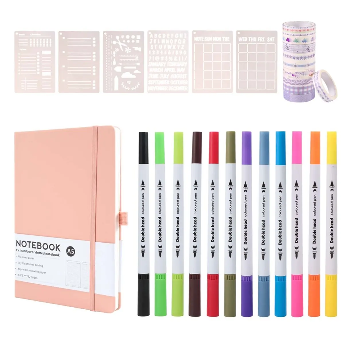 A75k Dotted Journal Kit,A5 Hardcover Dotted Journal Notebook Numbered Pages,Dotted Journaling Kit for Beginner Pink