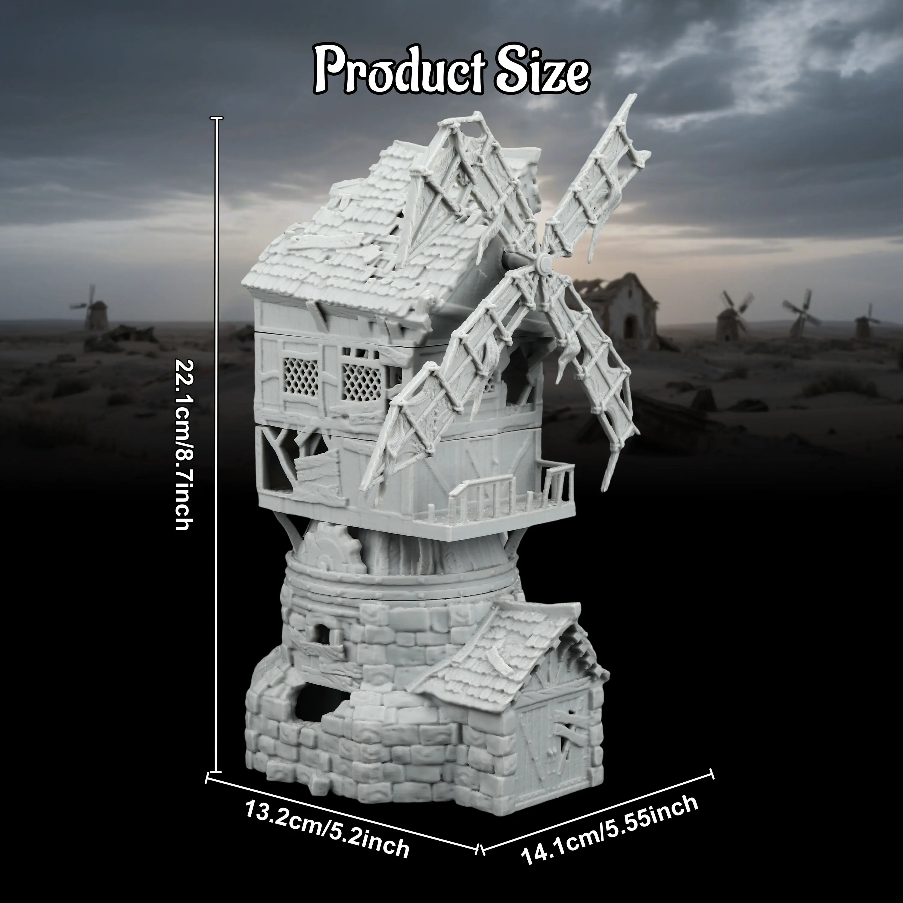 RPG Ruined Windmill Miniature Terrain - Fantasy Tabletop Scenic Building, Dark Architecture, Collectible Gift for Desolate Town