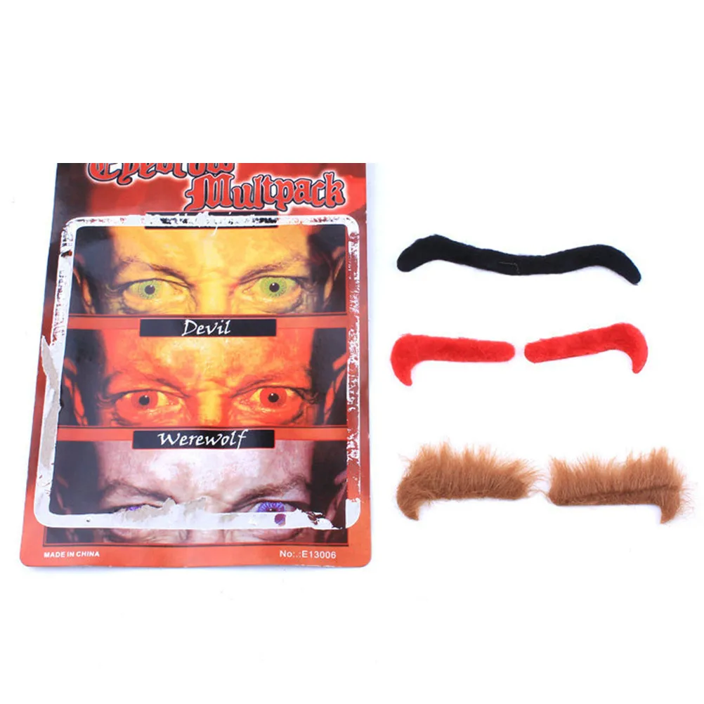 3Pcs Flannelette Self-Adhesive Funny Eyebrows Set for Halloween Costume Party Masquerade Prank Accessory Black Brown Red Unibrow