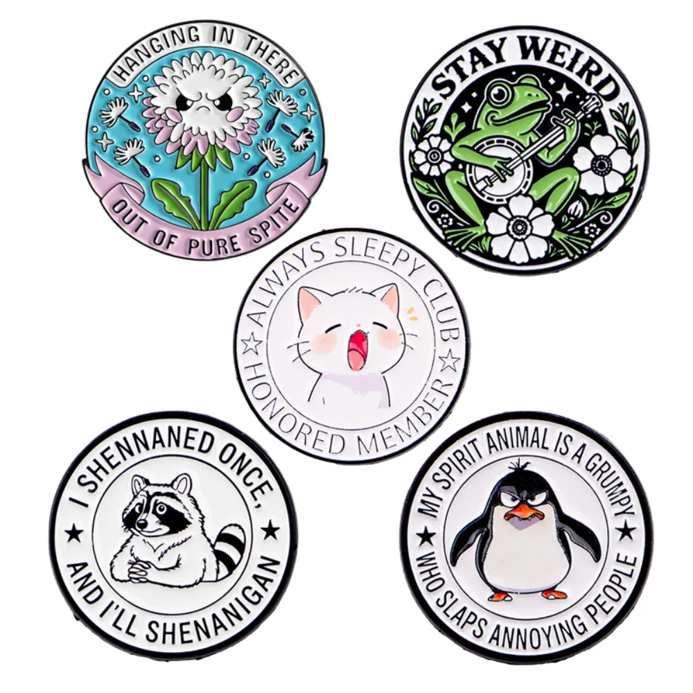 Funny Mental State Circular Enamel Badge Stay Quirky Extremely Poor Student Club Irritable Penguin Brooch Bags Clothes Accessory