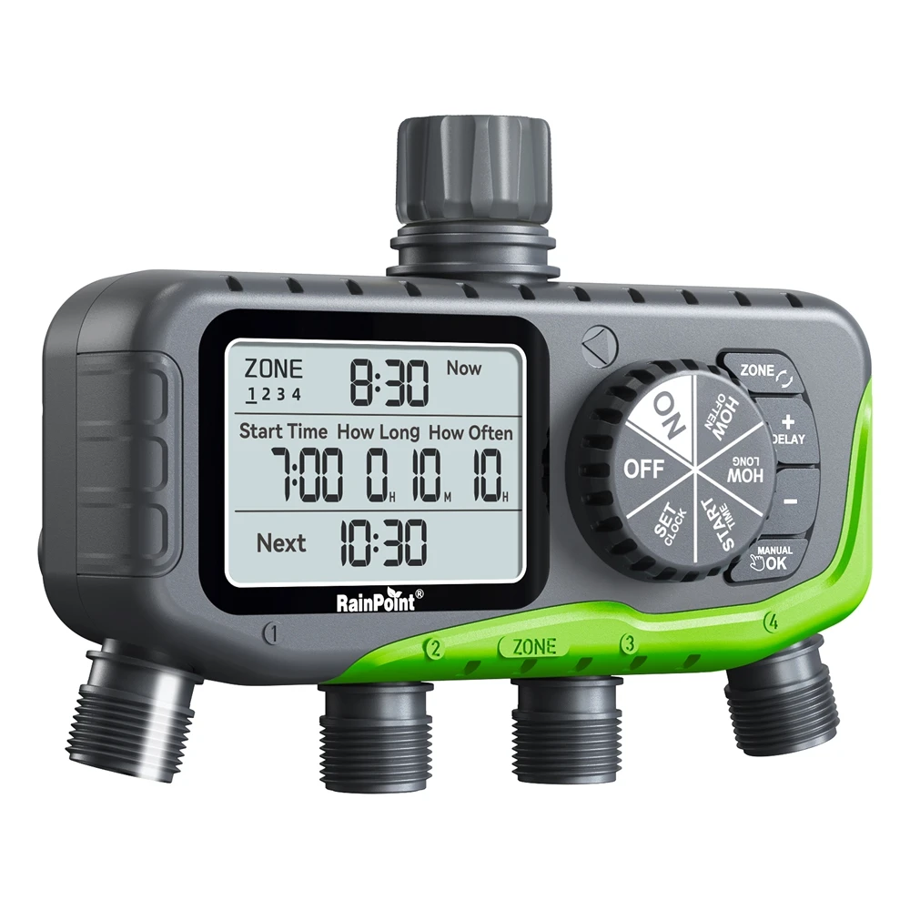

Цифровой таймер полива Rainpoint IP65 с 4 выходами, программируемая система полива с ручным управлением, функция отсрочки полива при дожде, для шлангов, дворов, газонов, садов
