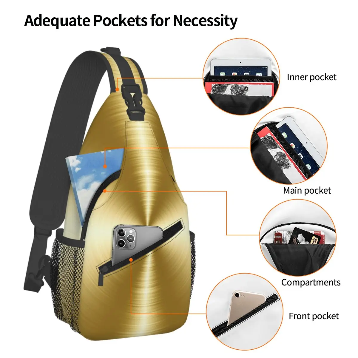 Brushed Gold Radial Metal Chest Bag Men Sling Crossbody Backpack Chest Bag Traveling Hiking Daypack Shoulder Bag