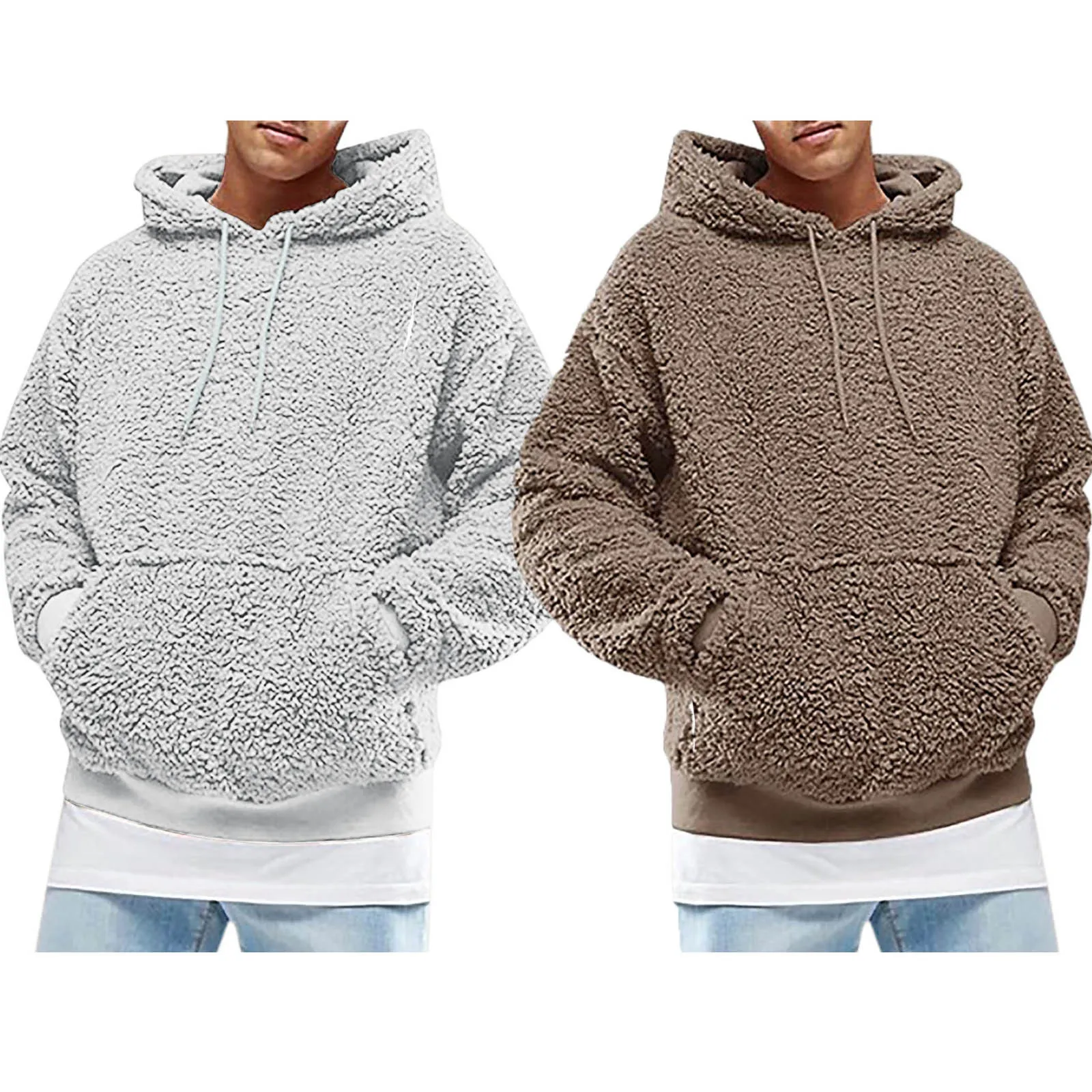 Hooded Winter мужской Mens зимний Sweatshirts пуховик Hoodie Fuzzy Sleeve Pocket Front Jacket Outwear Sport Long Pullover Fall