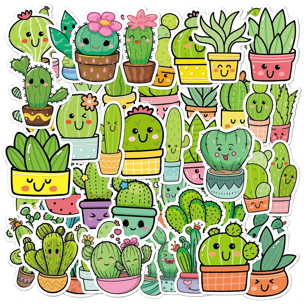 Cute Plants and Cactus Graffiti Adesivos, Decalques para crianças, Brinquedos, Laptop, Telefone, Bagagem, Scrapbook, Skate, Criativo, 10 pcs, 30 pcs, 50pcs