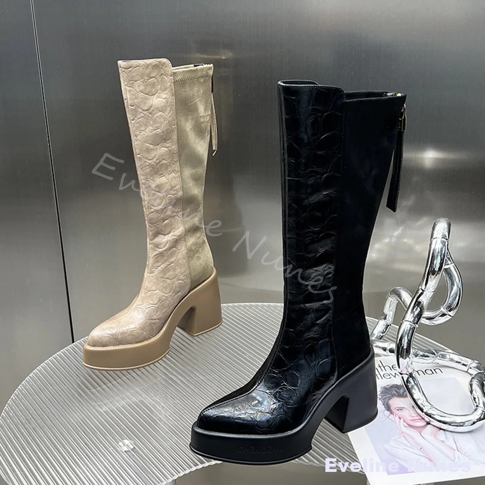

Solid Platform Pointed Toe Knee High Boots Women New Fashion Spring/Autumn Genuine Leather Back Zipper Chunky Heel Elastic Boots