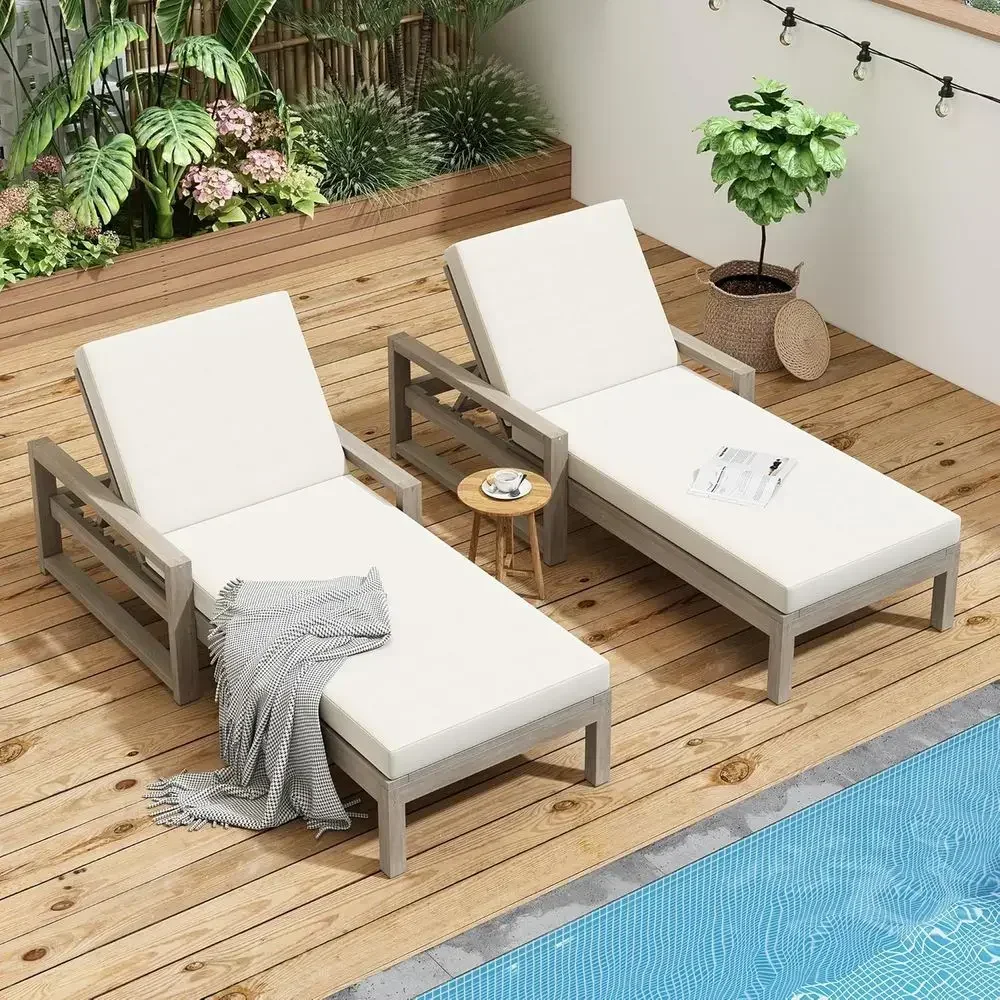 2-Piece Set: 5-Position Adjustable Lounge Chairs with Cushions & Backrests for Outdoor Relaxation (Gray + Beige)