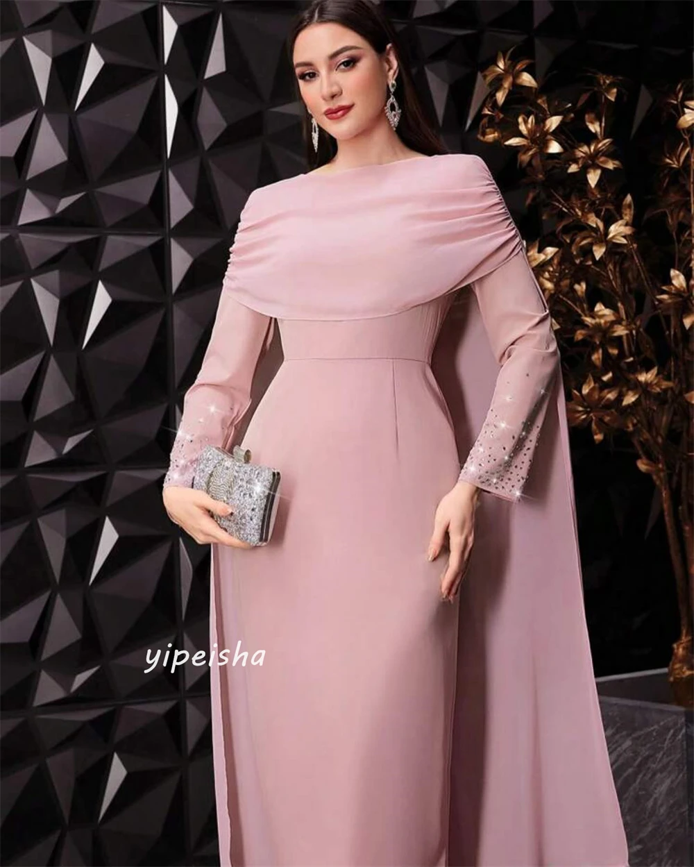   Satin Beading Pleat Birthday Sheath Boat Neck Bespoke Occasion Gown Long Sleeve Dresses