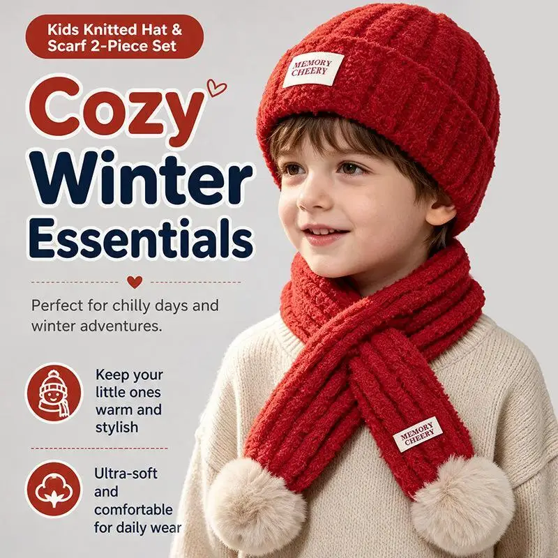 Kids Winter Knit Hat Scarf 2PCS Set Eco-friendly Material Soft Plush Warm for Children School Cold Weather