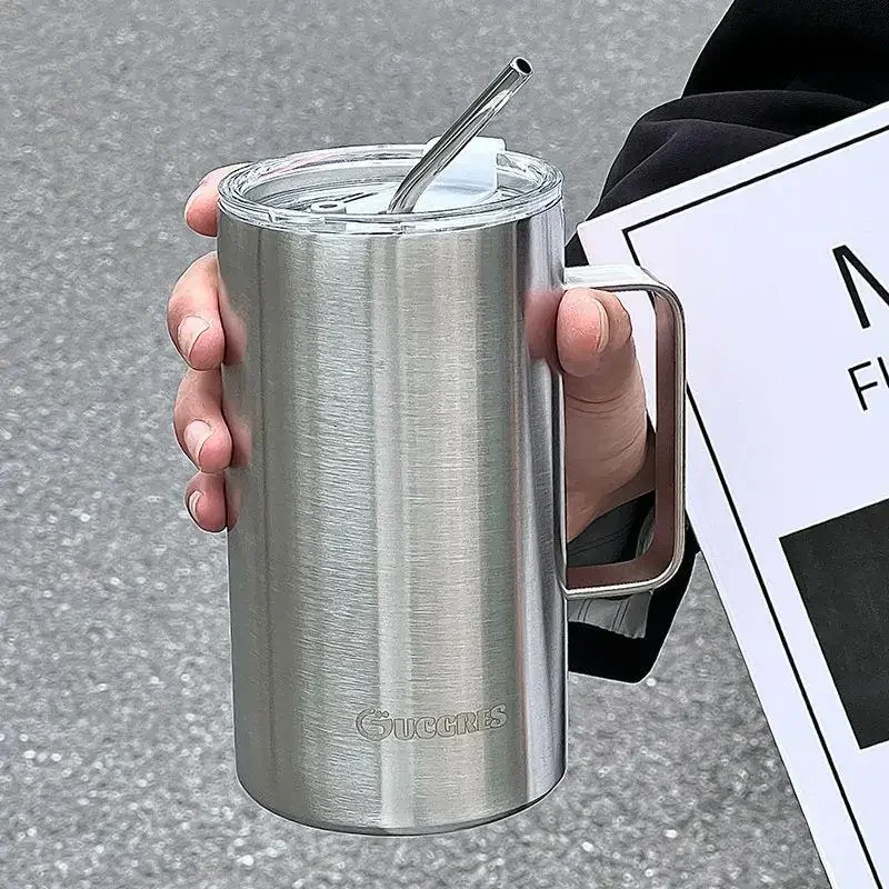 New 2025 Coffee Cup High Aesthetic 304 Stainless Steel Straw Ice King Female Handle Cup Double Cover Insulated Cooling Cup