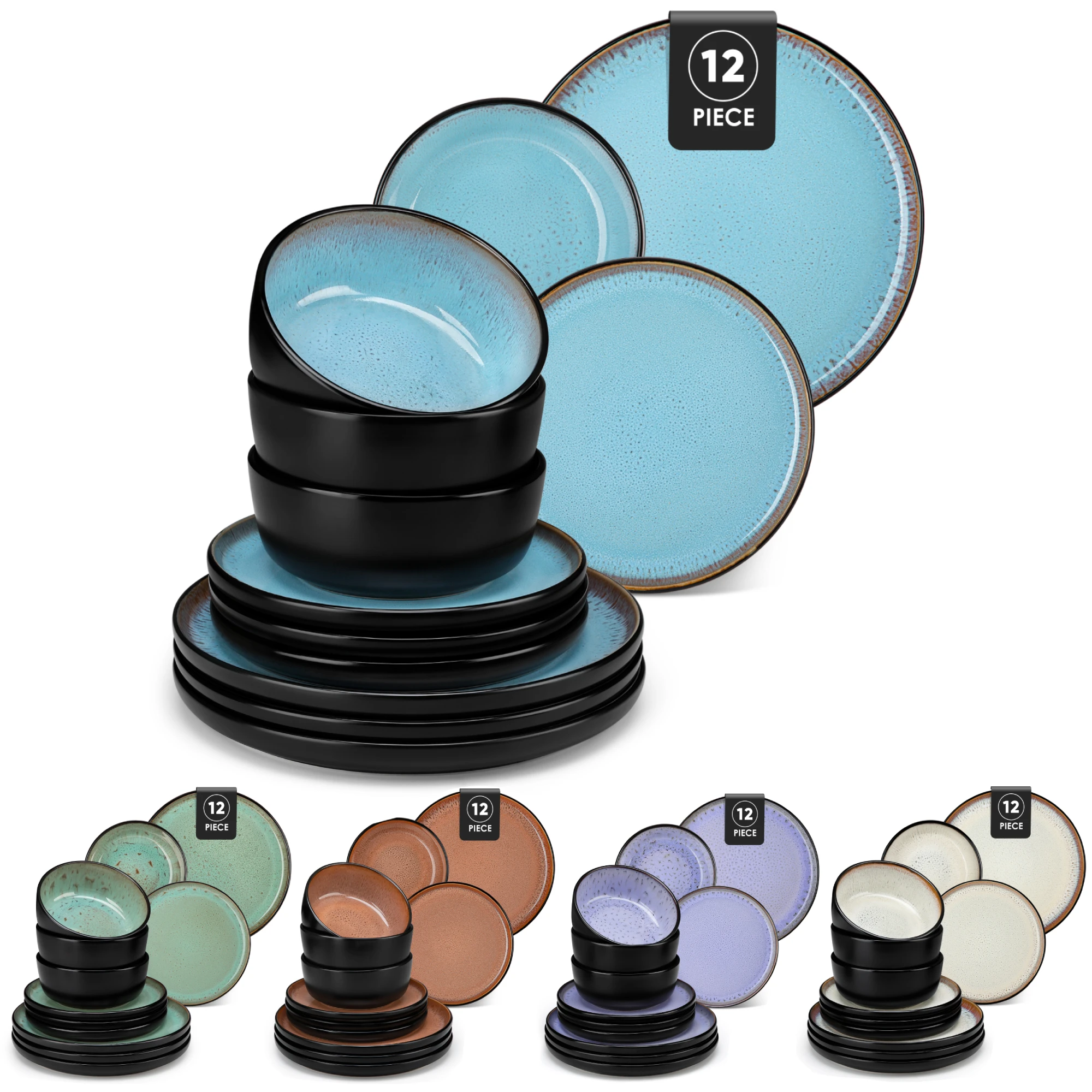  AMBER 12/16 Piece Ceramic Dinnerware Set Matte Black Stoneware Plats Set With 4/6 Pcs Dinner Plate/Dessert/Bowl/Soup