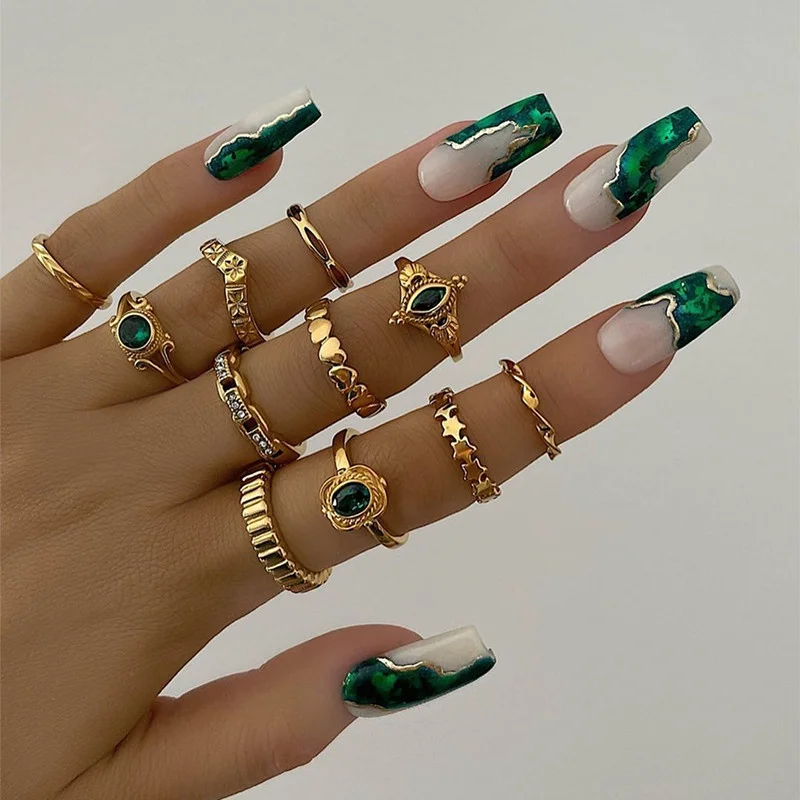 1 Set Fashion Green Crystal Heart Rings for Women Vintage Gold Geometric Rings Set Party Jewelry Accessories
