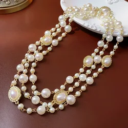 Rhinestone Oval Pearl Long Necklaces for Women French Vintage Collarbone Chains Light Luxury Advanced Simple Versatile Necklace