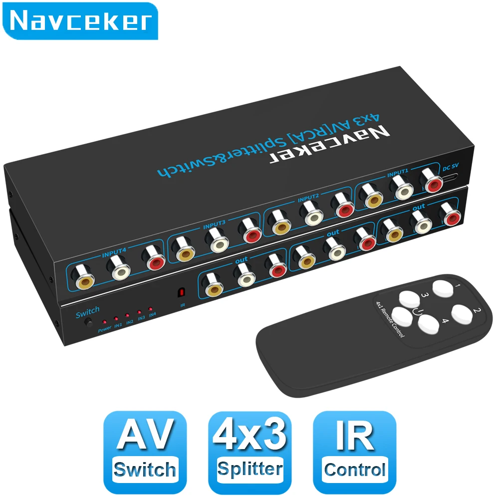 

Navceker RCA AV Switch Splitter Box 4 in 3 out AV Audio Video Signal Composite for HDTV LCD DVD 3 RCA Switcher 4 to 1 Selector