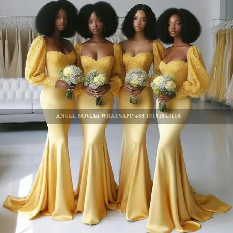 

Long Sleeves Yellow Mermaid Bridesmaid Dresses Girls Wedding Party Maid Of Honor Dress vestido de madrinha de casamento