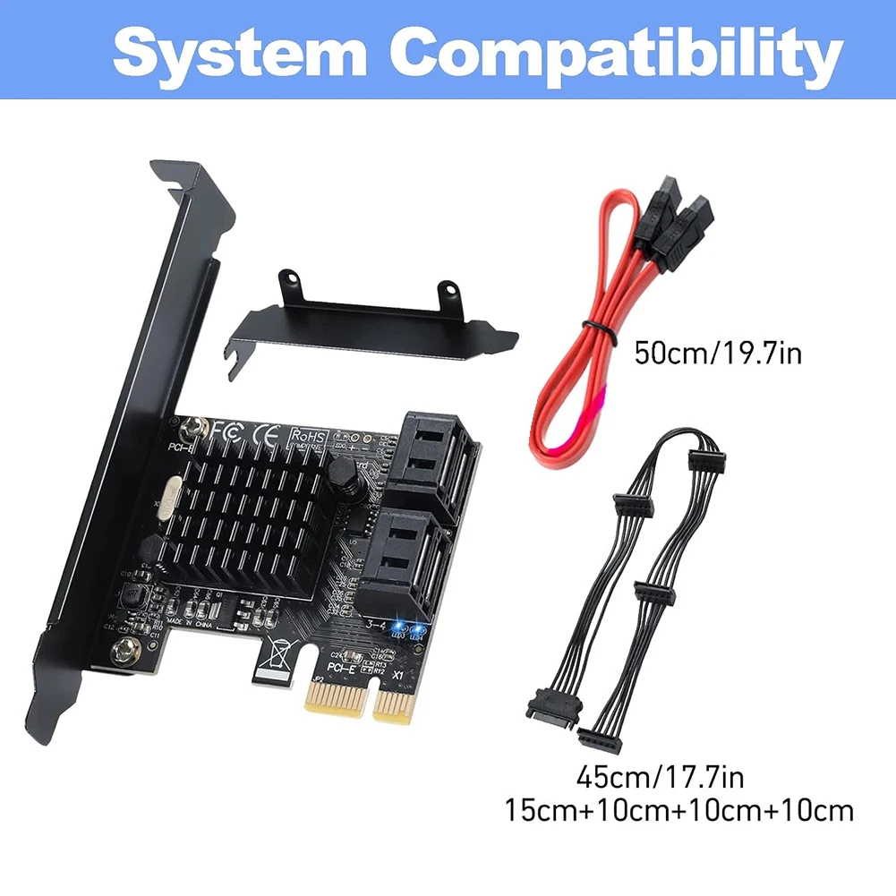 4-Port PCIe X1 to SATA III 6Gbps Expansion Card with Marvell 88SE9215 Chipset And Internal Heatsink Cooling for AHCI Tools