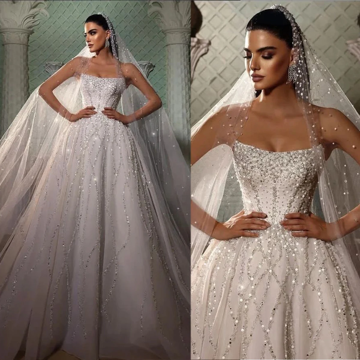 

Charming Wedding Dress For Women Strapless Sequins Beading Pearls Bridal Gowns Custom Made Vestido De Novia