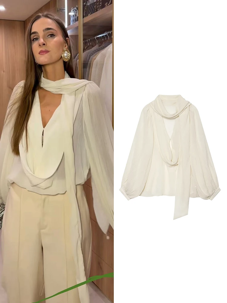 TFMLN Damen Schal-Kragen Lose Bluse Elegante Langarm-Bluse mit Falten Modische Neue Frühlings- und Herbstmode Büro-Hemden