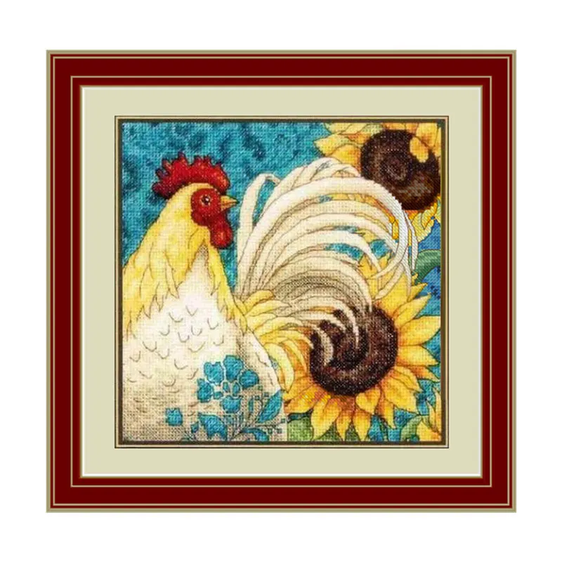 Precision Print Full Embroidered New D1029 Rooster And Sunflower Diy Handmade