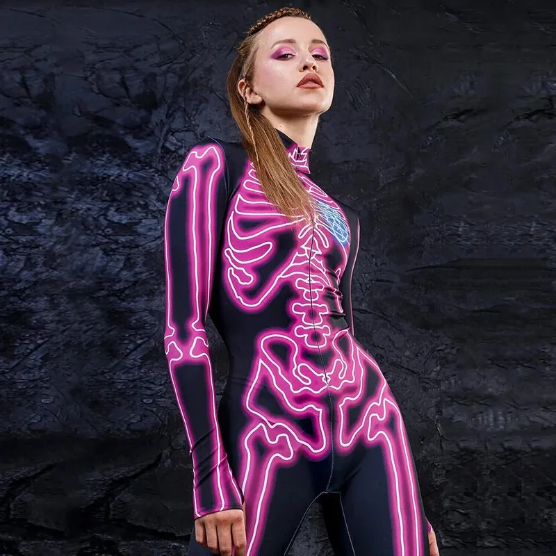 

[You're My Secret] Halloween Cosplay Costume for Women Adults Skeleton 3D Printed Cyberpunk Zipper Bodysuit Party Fancy Dresses