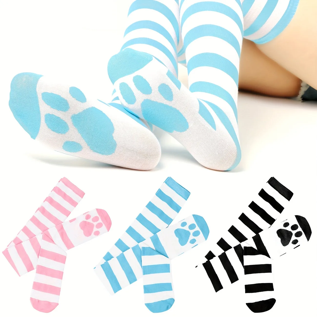 Gestreifte Overknee-Socken mit Katzenpfoten-Motiv für Damen, Oberschenkelhohe Strümpfe, niedliche, weiche Stretch-Strümpfe für Schule, Party, Cosplay – Detail 3