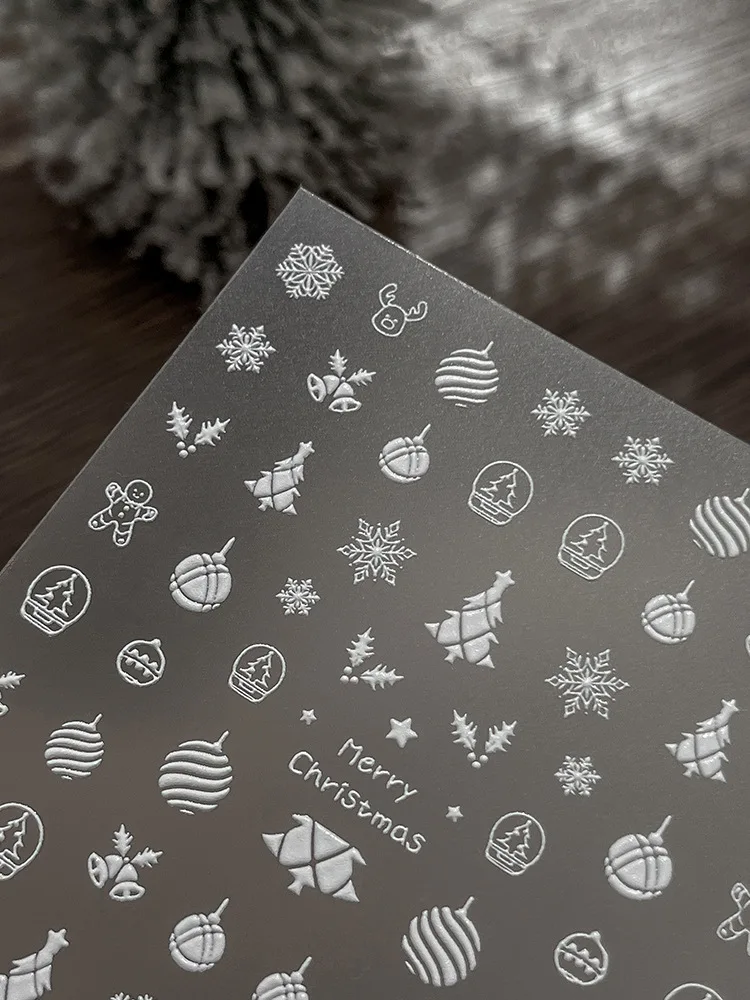 크리스마스 파티용 엠보싱 네일 아트 데칼, 크리스마스 트리/행잉 볼/벨/눈꽃 디자인, 셀프 접착 네일 스티커