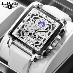 LIGE Luxury Mens Watch Military Sport Calendar Quartz Watches for Men Waterproof Moon Phase White Silicone Man Watch Chronograph