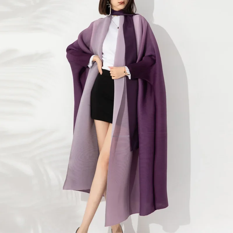 Miyake Gradient Pleated Trench Coat for Women Bat Sleeve Scarf Collar Long Windbreaker Female Fashion Clothing 2024 New Dresses