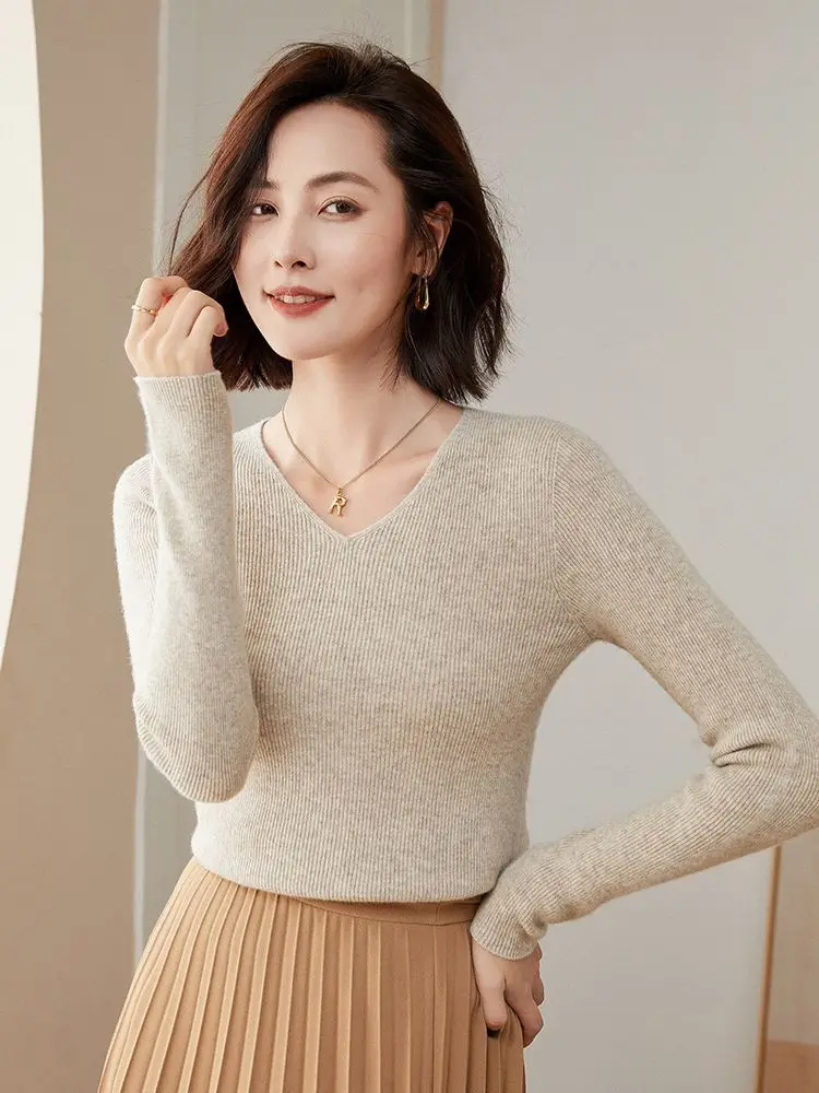 Addonee Autumn Winter Women V-Neck Sweater Bottoming Shirt Slim High Strecth 100% Merino Wool Pullover Cashmere Knitwear Female