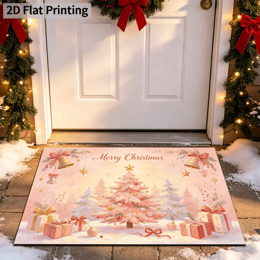 Pink Xmas Tree Gift Doormat Merry Christmas Bell Bow Print Entryway Floor Mat for Front Door Indoor Holiday Party Home Decor