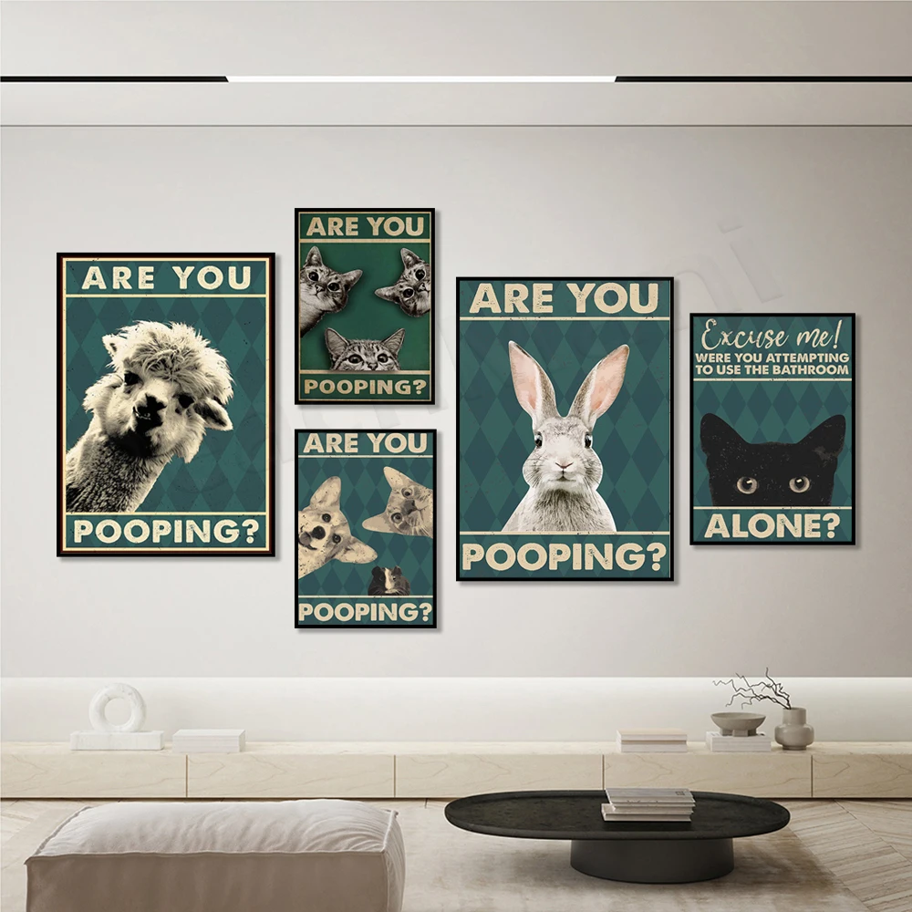 Funny black cat bathroom poster, cat lover gift, funny cute camel, cat, rabbit are you on the toilet retro poster, funny pet,