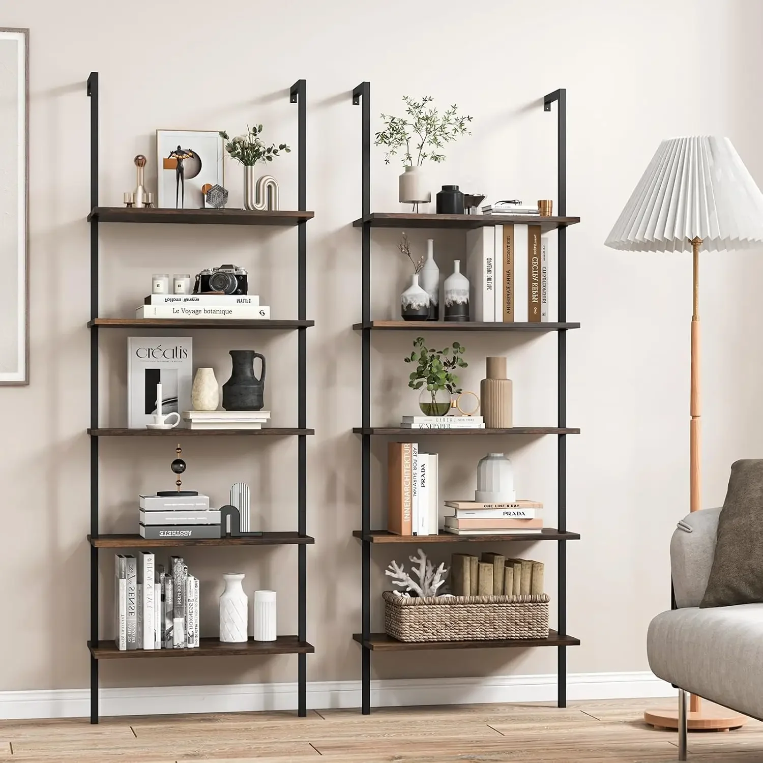 5-Tier Bookshelf, Modern Wall Mounted Ladder Shelf, 5 Tiers Wood Open Bookcase w/Metal Frame, Home Office Display Rack