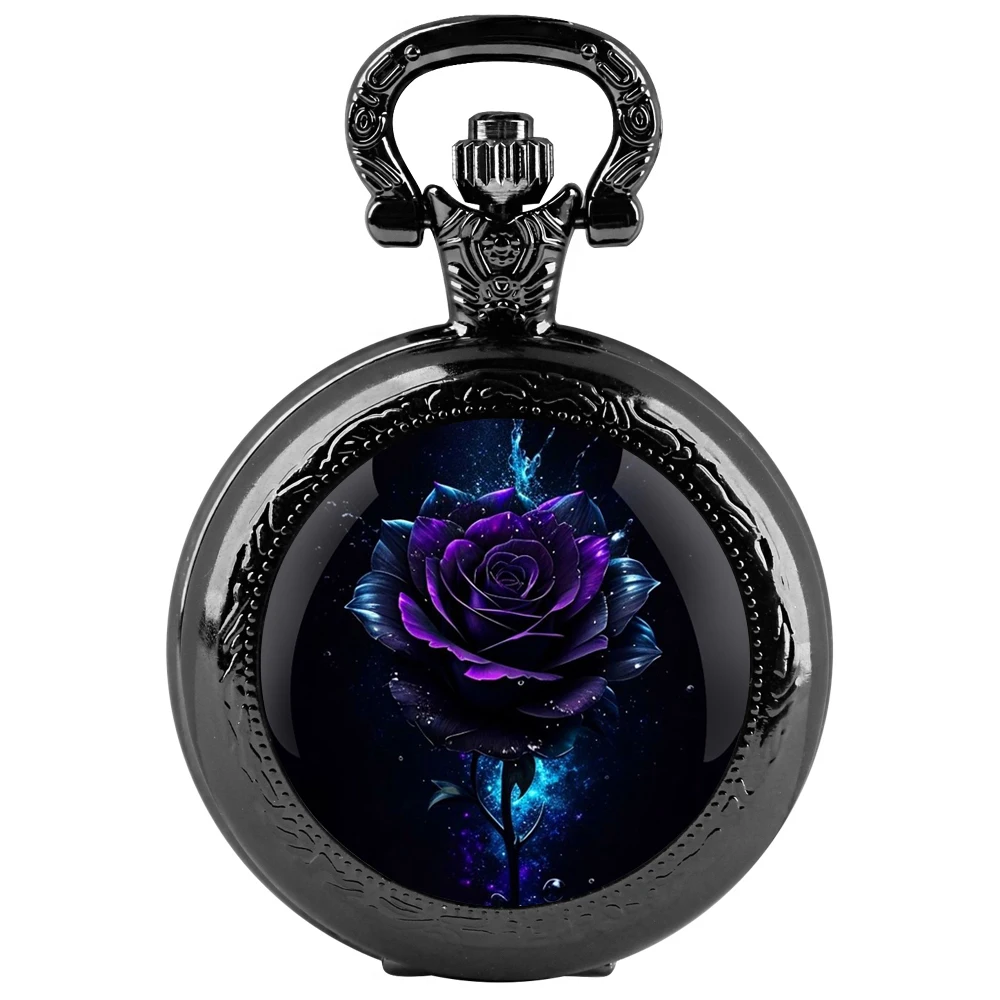 Elegant Purple Rose Pocket Watch - Vintage Quartz Watch with Floral Pattern