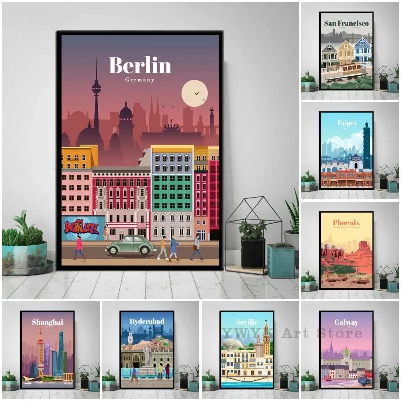 Mapa de la ciudad de viaje Retro Vintage, lienzo de arte de pared, carteles clásicos de Berlín, Singapur, Hong Kong para la decoración del hogar y la sala de estar