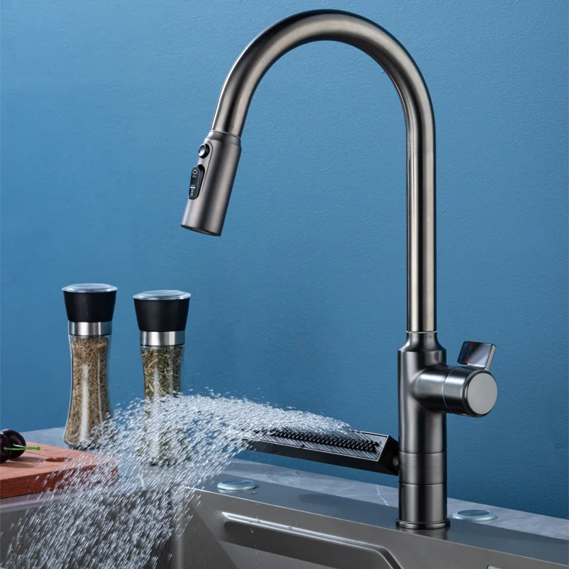 

Kitchen Faucet Sink Waterfall Tap Gun Grey Pullout Hot Cold Mixer Sinks Water Taps Stainless Steel Rotation Single Hole