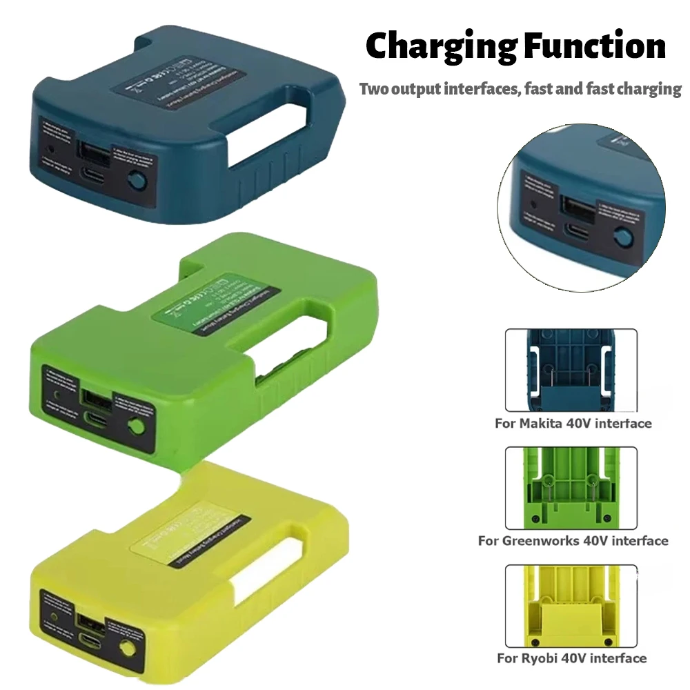 رف شاحن سريع لماكيتا/ريوبي/جرين ووركس 40 فولت بطارية ليثيوم أيون مع منفذ USB من النوع C مشبك حزام محول شاحن محمول