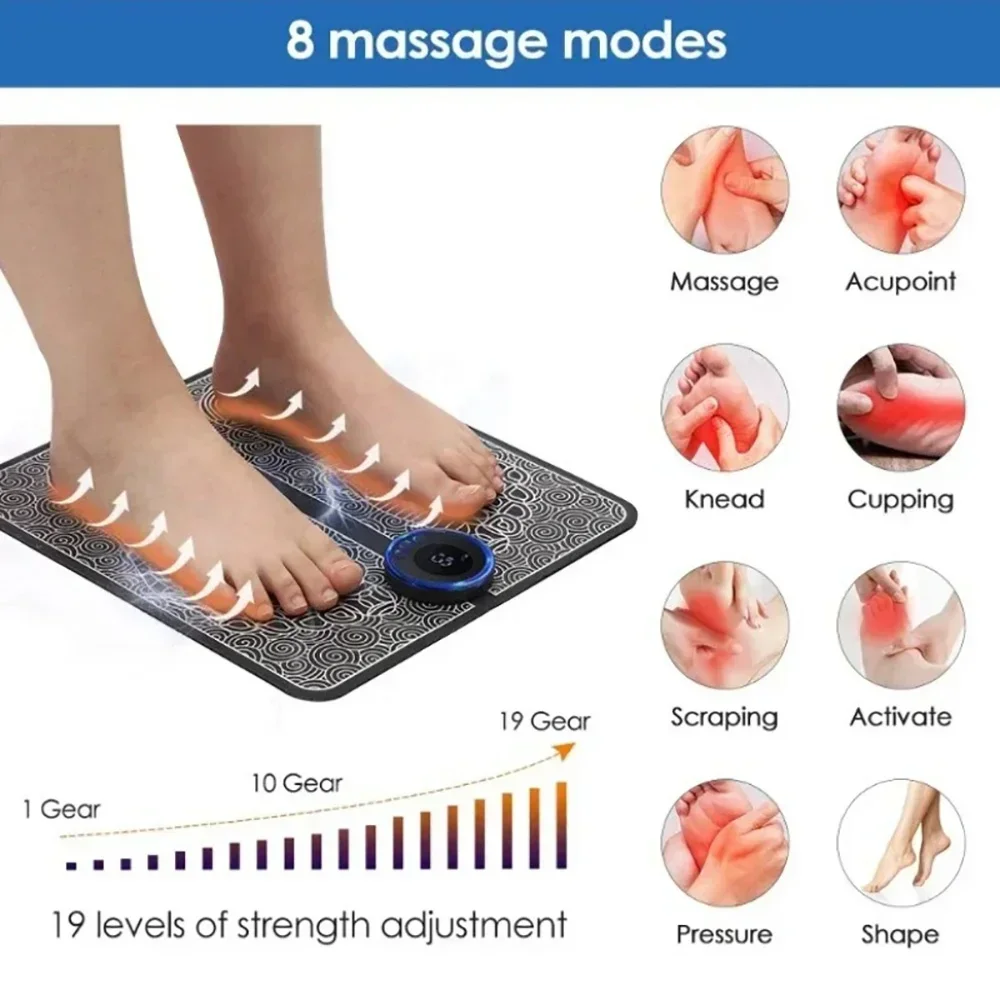 Electric EMS Foot Massager Pad 8 Mode 19 Levels Muscle Stimulation Acupoint Massage for Pain Relief Blood Circulation Relax Feet