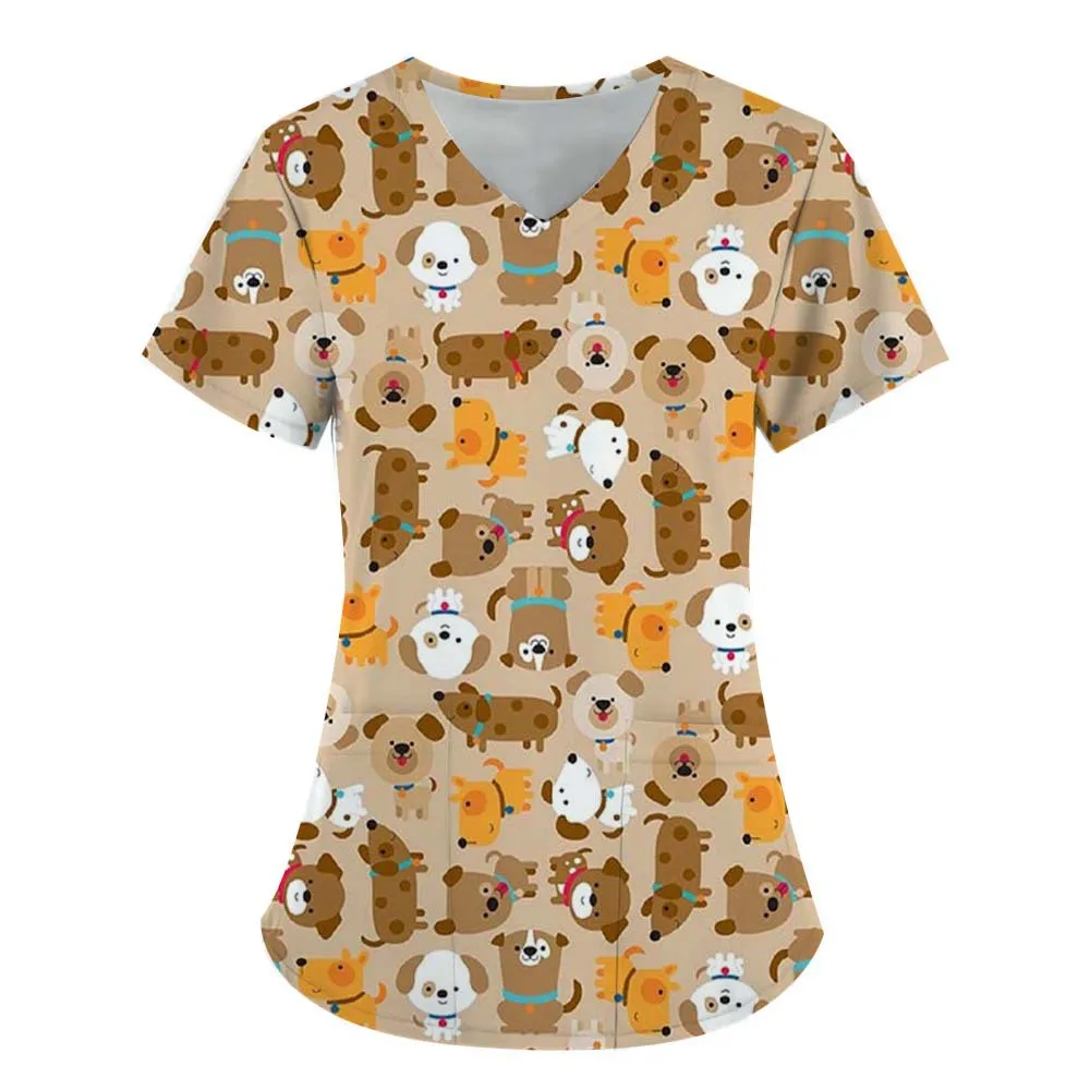 2024 European and American New Women's Cute Cartoon Animal Dog 3D Printed V-neck T-shirt Casual Daily Nurse Work Uniform