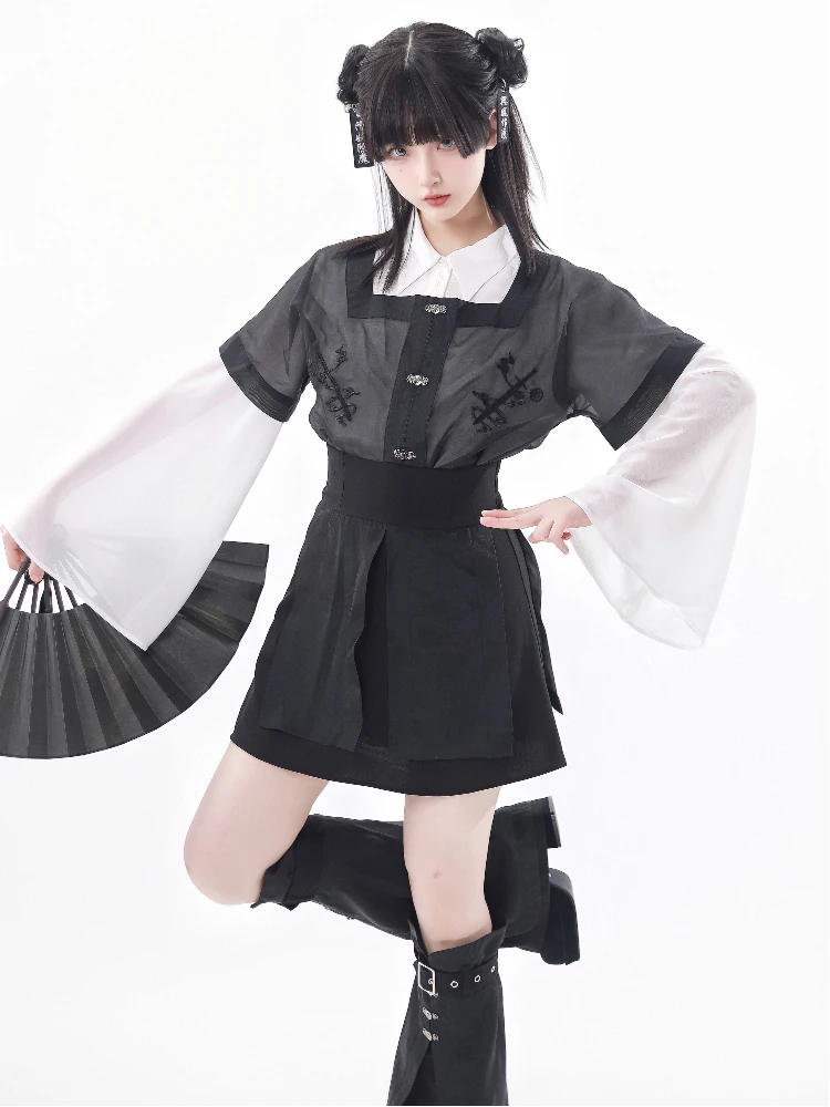 New Chinese Style Waist Slimming Black and White Suit Chivalrous Female Long Sleeve White Blouse Shirt and Skirt Outfits