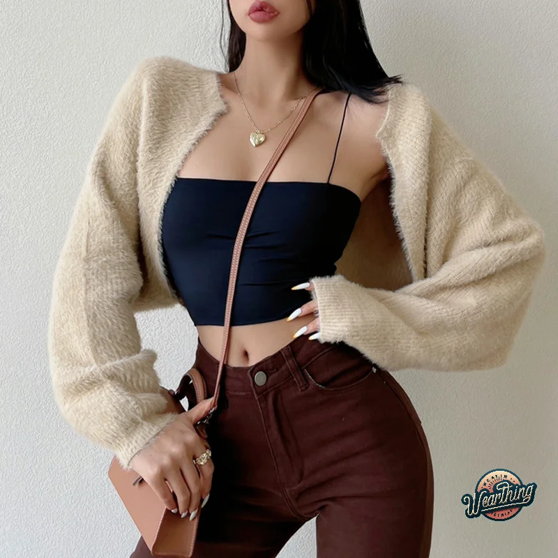 Plush Knitted Cardigan Lantern Sleeve Women Cardigan Sweater Open Front Cropped Sweaters Knitwear Spring & Fall Women's Clothing