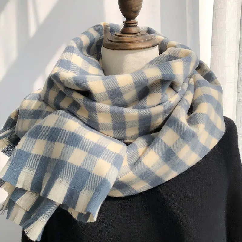 Blue Plaid Shirt Scarf for Women Winter Japanese Style Long Thick Warm Plaid Scarf Suitable for Both Men and Women