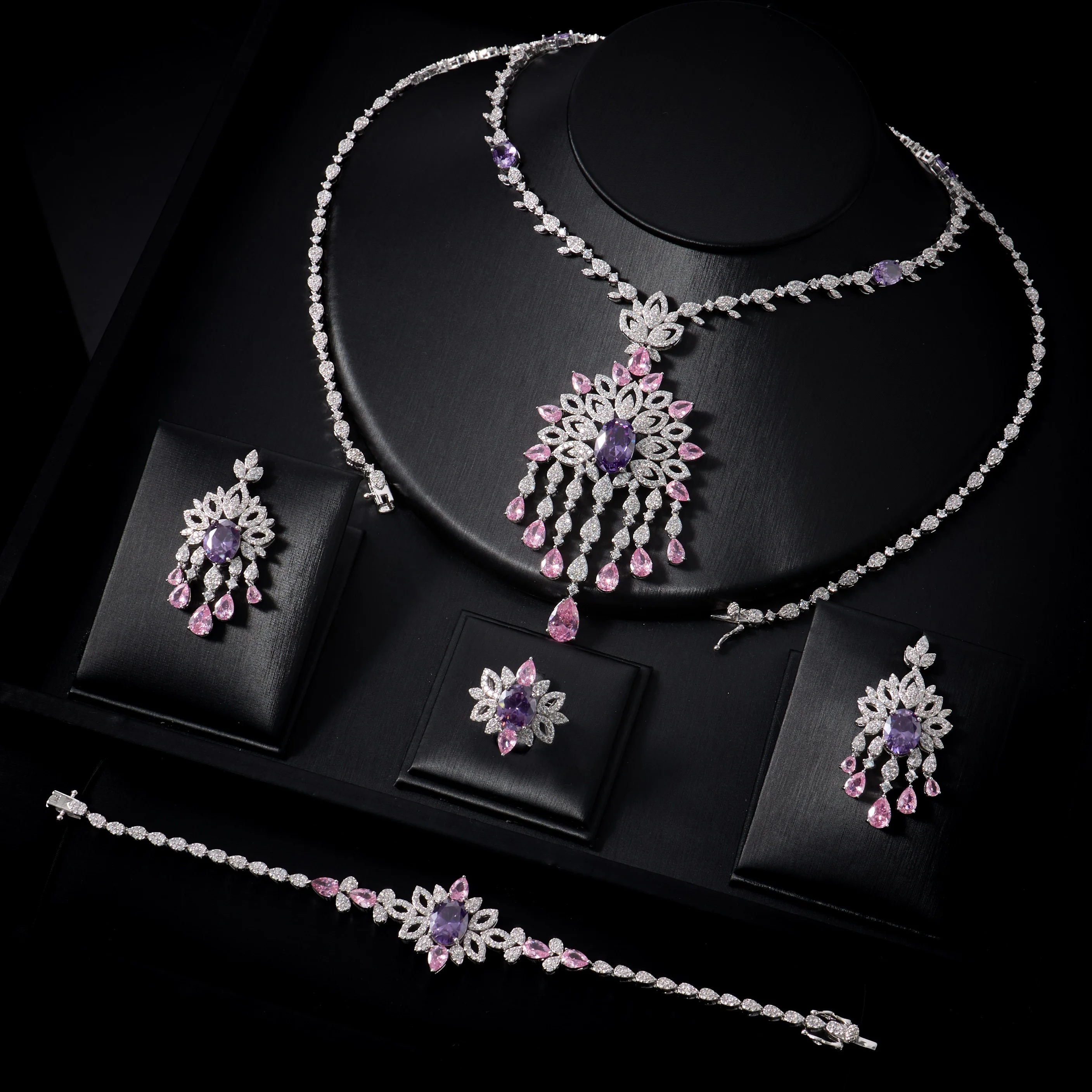 00099 Bridal Long Necklace Set for Women Cubic Zirconia 3 Pcs Jewelry Set for Women Wedding Party Accessories Necklace Earrings