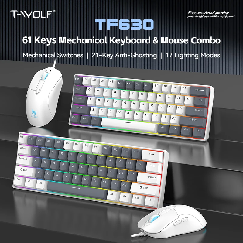 T-WOLF TF630 Mechanical Gaming Keyboard and Mouse Combo 61 Keys Red Switch RGB Backlit 7200 DPI USB Wired Ergonomic PC Gamer