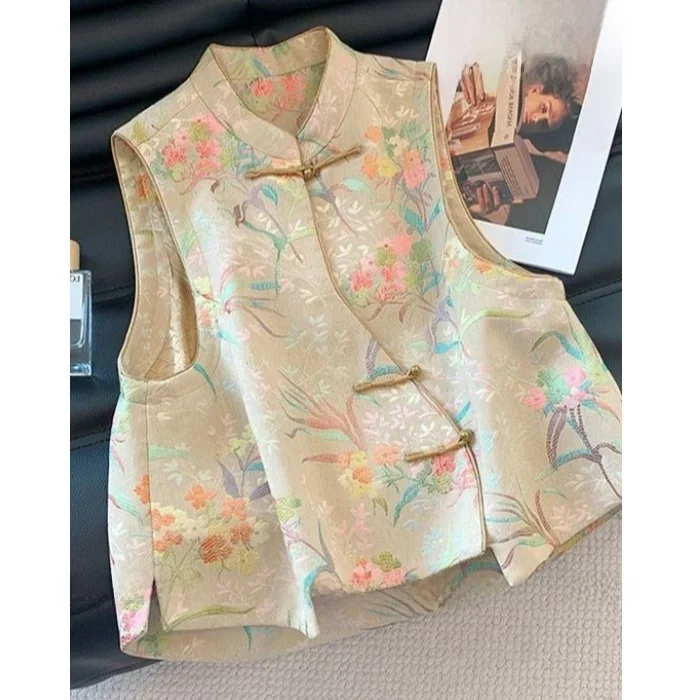 Elegant Embroidered Chinese Style Buttoned Vest Women's Fashionable Layering Top Polyester Fiber Regular Length Outerwear
