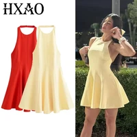 HXAO Vestido corto con cuello Halter Vestidos para mujer Vestido rojo amarillo Mujer Verano 2025 Vestidos sin mangas con espalda descubierta y volantes Vestido elegante 066