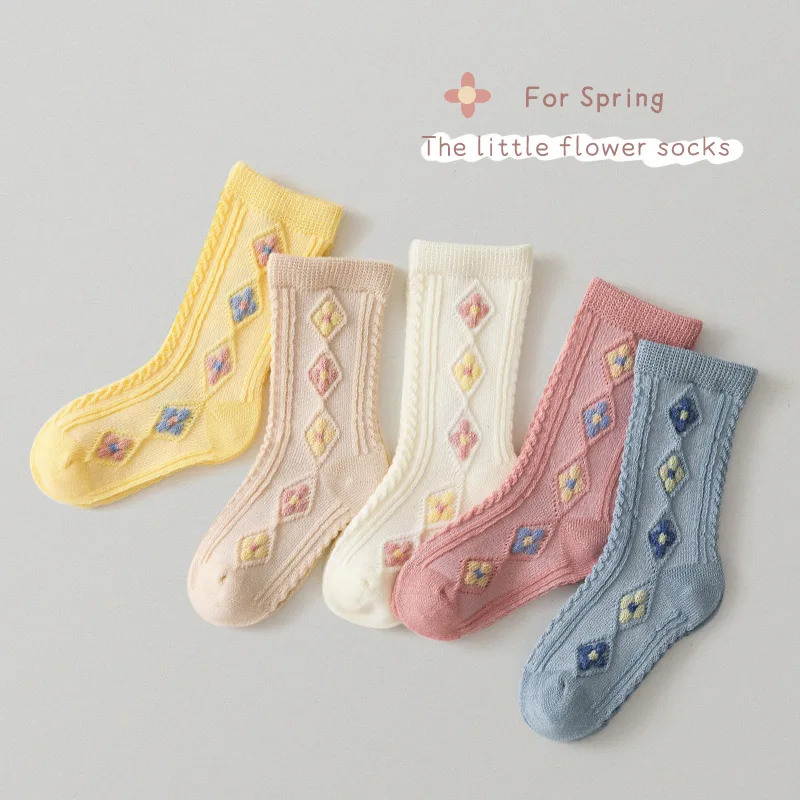 

Baby Socks Spring New Cartoon Girls' Mid-tube Socks Korean Version Small Flower Rhomboid Baby Breathable Absorbent Cotton Socks