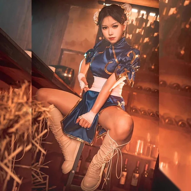 格闘ゲーム SF 春麗コスプレ衣装セクシーなバトルスーツアニメ女性チャイナドレスチョッキかぶとかつらブレスレットセット