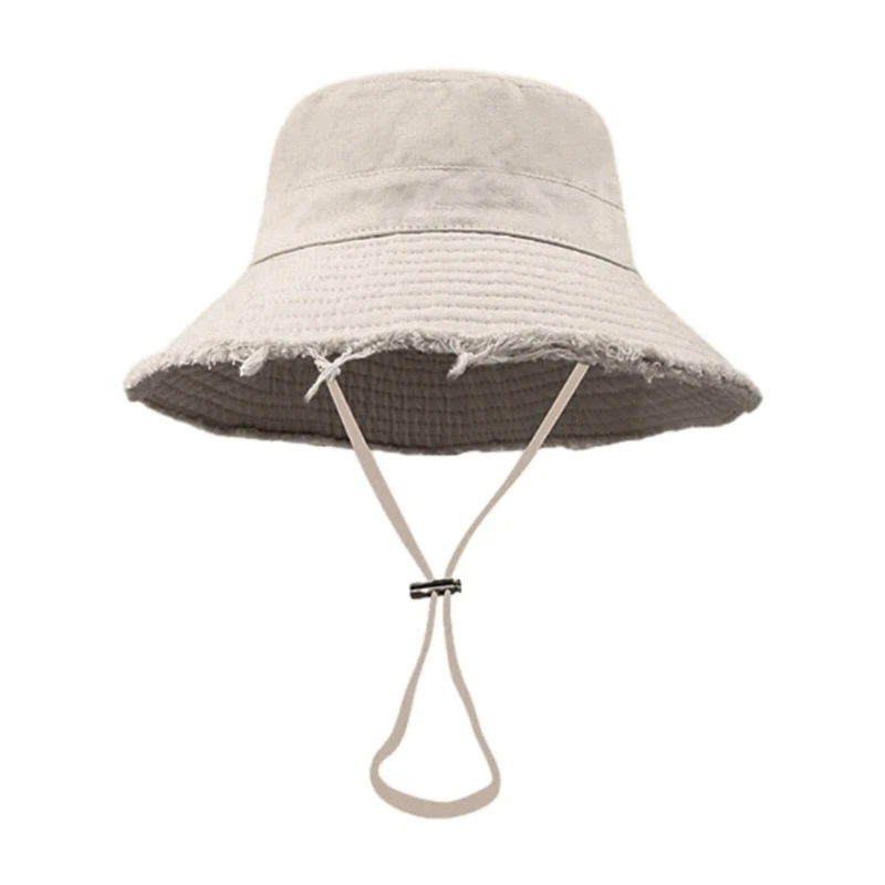 50JB Adult Frayed Bucket Hat Anti-Uv Wide Brim Hat with Adjustable Chin Rope